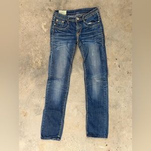 MACHINE Brand Teen Jeans Jr 5/28x33 - GEM Buttons Patch Sashiko Stitch- AWESOME!